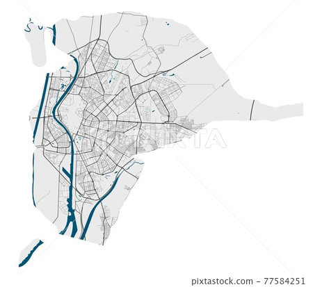 Seville map. Detailed map of Seville city poster with streets, water. 77584251