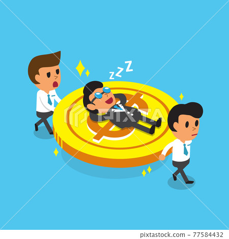 Cartoon business team carrying big coin but business boss fall asleep 77584432