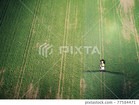 Agriculture green field with tractor 77584471