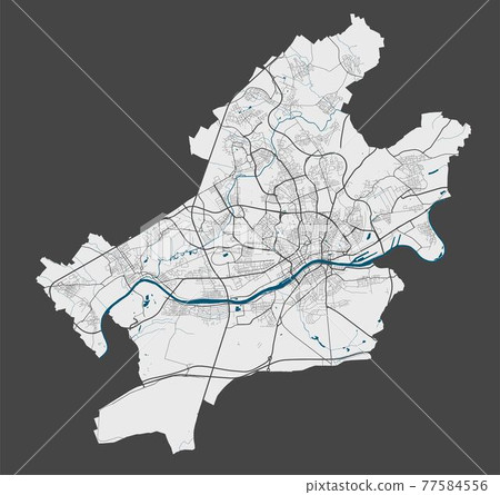 Frankfurt map. Detailed map of Frankfurt city poster with streets, water. 77584556