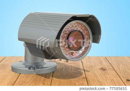 Security surveillance camera on the wooden planks, 3D rendering Security surveillance camera on the wooden planks, 3D rendering 77585631