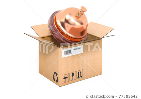 Reception bell inside cardboard box, delivery concept. 3D rendering 77585642