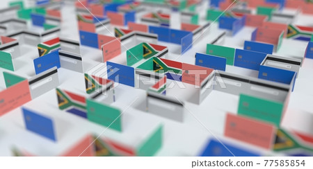 Flag of South Africa on the mockup credit card maze. Financial problems related 3D rendering Flag of South Africa on the mockup credit card maze. Financial problems related 3D rendering 77585854