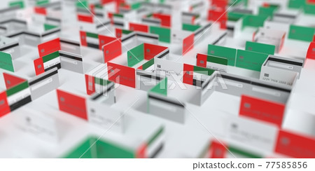 Fictional credit card maze with flag of the UAE. Financial difficulties related 3D rendering Fictional credit card maze with flag of the UAE. Financial difficulties related 3D rendering 77585856