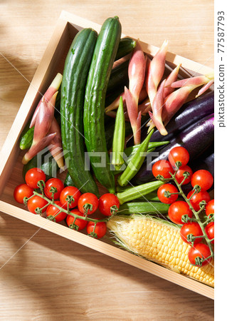 Summer vegetables in a wooden box 77587793
