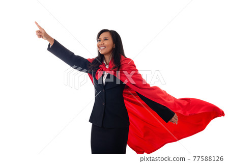 Portrait of cheerful businesswoman dressed as superhero pointing finger up isolated on white background Portrait of cheerful businesswoman dressed as superhero pointing finger up isolated on white background 77588126