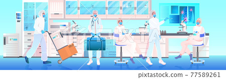 doctors team in masks and protective suits working together in medical laboratory vaccine development 77589261