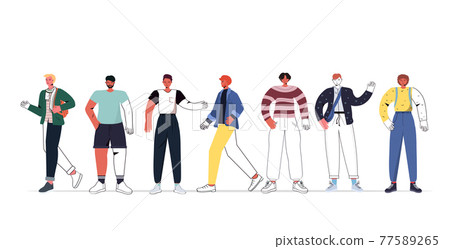 set mix race men in casual trendy clothes male cartoon characters collection full length horizontal 77589265
