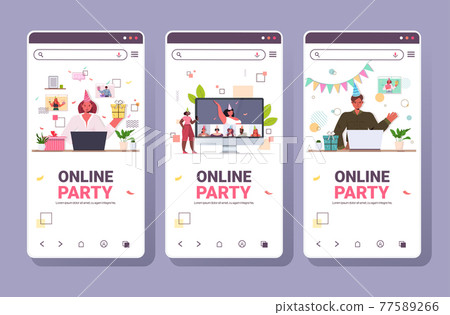 set people festive hats celebrating online birthday party mix race men women in smartphone screen having fun 77589266