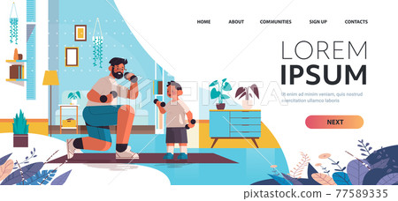 young father and son doing physical exercises with dumbbells parenting fatherhood concept 77589335