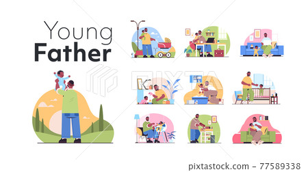set african american father spending time with little baby son fatherhood parenting concept horizontal set african american father spending time with little baby son fatherhood parenting concept horizontal 77589338
