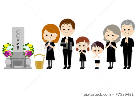 Family in mourning dress to visit the grave Family in mourning dress to visit the grave 77589481