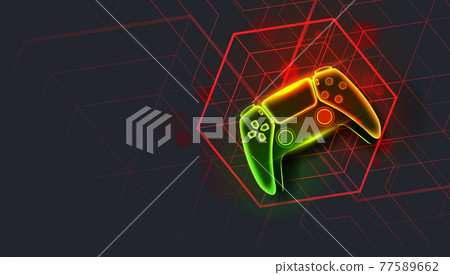 Neon game controller or joystick for game console on dark background. Neon game controller or joystick for game console on dark background. 77589662