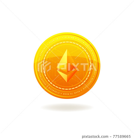 Golden Ethereum coin. Crypto currency blockchain coin. Ethereum symbol isolated on white background. 77589665
