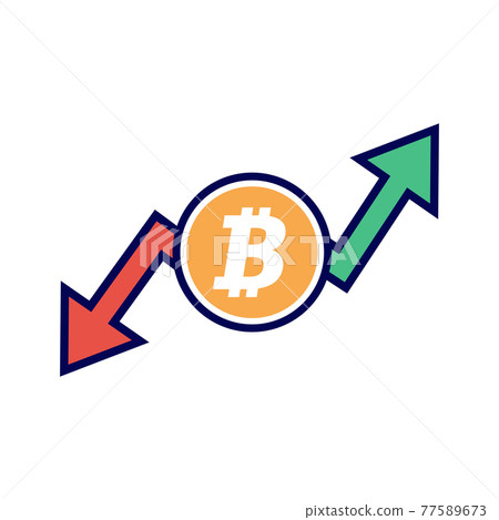 Bitcoin up and down arrow. Crypto currency crisis concept. Digital currency risk. Bitcoin up and down arrow. Crypto currency crisis concept. Digital currency risk. 77589673