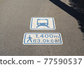 人行道上的交通標誌 顯示到車站的距離和消耗的卡路里的標誌 77590537
