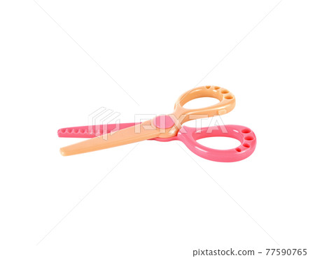 Plastic children safety scissors isolated on a white studio background. Plastic children safety scissors isolated on a white studio background. 77590765