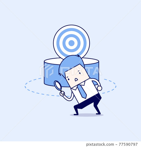 Businessman can not find the target. Cartoon character thin line style vector. Businessman can not find the target. Cartoon character thin line style vector. 77590797