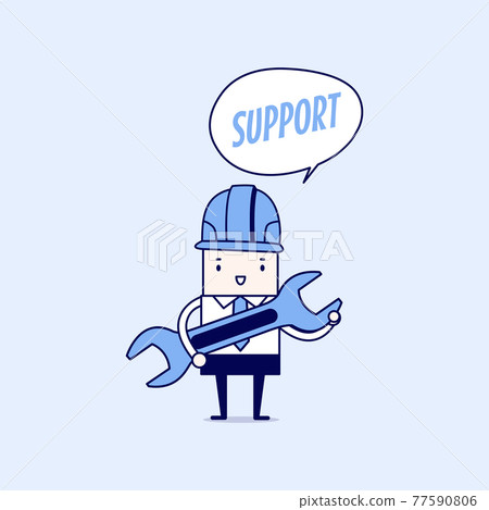 Businessman holding a wrench with balloon text support. Cartoon character thin line style vector. Businessman holding a wrench with balloon text support. Cartoon character thin line style vector. 77590806