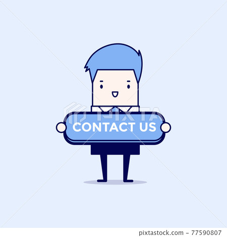 Businessman with contact us button. Cartoon character thin line style vector. Businessman with contact us button. Cartoon character thin line style vector. 77590807