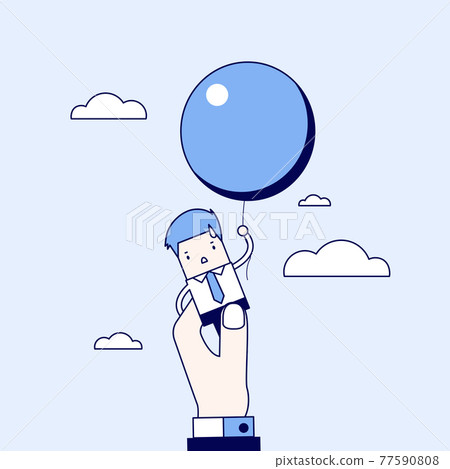 Businessman flying away with balloon but being hindered by businessman large hand. Cartoon character thin line style vector. 77590808