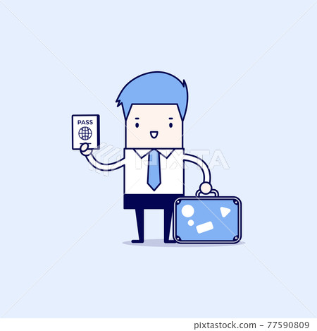 Businessman with a suitcase and passport. Cartoon character thin line style vector. Businessman with a suitcase and passport. Cartoon character thin line style vector. 77590809