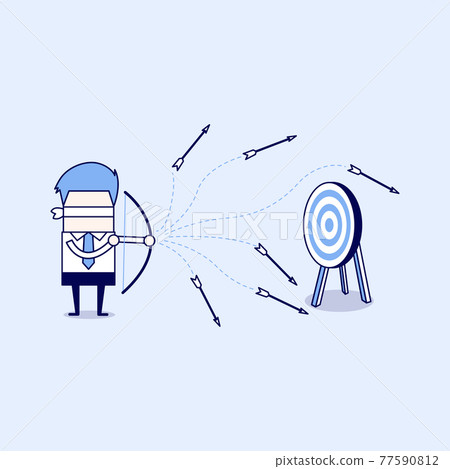 Blindfold businessman loser shooting arrow. Cartoon character thin line style vector. 77590812