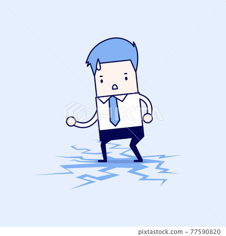 Businessman standing on cracking floor. Cartoon character thin line style vector. 77590820