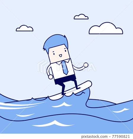 Businessman surfing on the wave. Cartoon character thin line style vector. 77590821