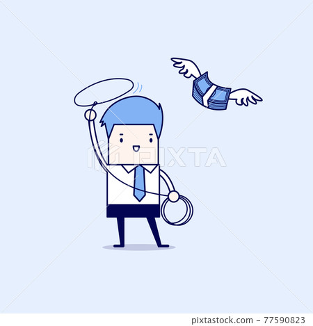 Businessman chasing flying money by rope, Financial concept. Cartoon character thin line style vector. Businessman chasing flying money by rope, Financial concept. Cartoon character thin line style vector. 77590823
