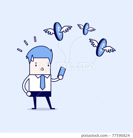 Businessman with money flying out from smartphone. Cartoon character thin line style vector. Businessman with money flying out from smartphone. Cartoon character thin line style vector. 77590824