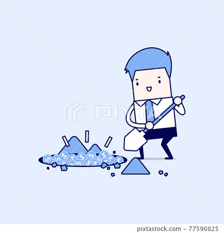 Businessman digging a ground to find treasure coin. Cartoon character thin line style vector. Businessman digging a ground to find treasure coin. Cartoon character thin line style vector. 77590825