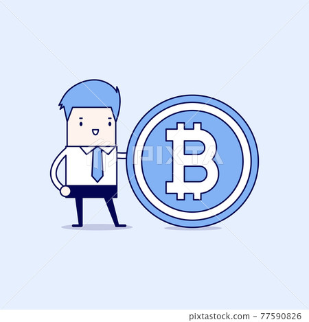 Businessman with a bitcoin. Cartoon character thin line style vector. Businessman with a bitcoin. Cartoon character thin line style vector. 77590826