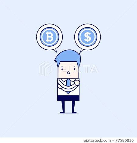 Businessman with Bitcoin or dollar choice. Cartoon character thin line style vector. Businessman with Bitcoin or dollar choice. Cartoon character thin line style vector. 77590830