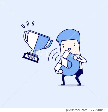 Businessman attracting trophy with a large magnet. Cartoon character thin line style vector. Businessman attracting trophy with a large magnet. Cartoon character thin line style vector. 77590843