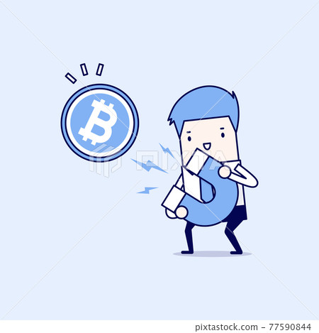 Businessman attracting bitcoin with a large magnet. Cartoon character thin line style vector. 77590844