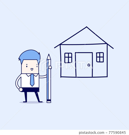 Businessman drawing house plan by pencil. Cartoon character thin line style vector. Businessman drawing house plan by pencil. Cartoon character thin line style vector. 77590845