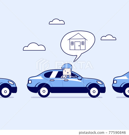 Businessman on the road back home by car with traffic jam. Cartoon character thin line style vector. Businessman on the road back home by car with traffic jam. Cartoon character thin line style vector. 77590846
