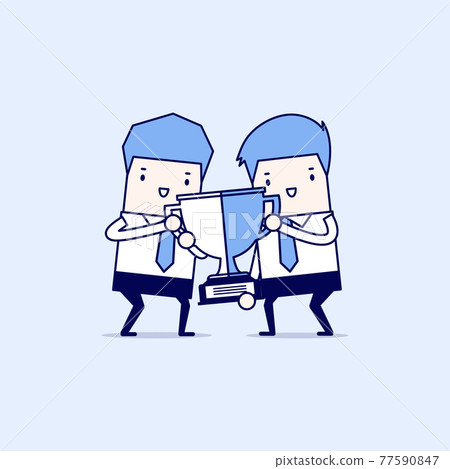 Two businessmen holding gold winner cup together. Teamwork, cooperation and partnership concept. winning award. Cartoon character thin line style vector. Two businessmen holding gold winner cup together. Teamwork, cooperation and partnership concept. winning award. Cartoon character thin line style vector. 77590847