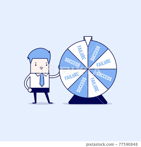 Businessman and result of wheel of fortune. Cartoon character thin line style vector. Businessman and result of wheel of fortune. Cartoon character thin line style vector. 77590848