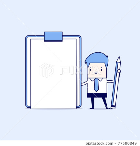 Businessman holding clipboard with blank white paper. Cartoon character thin line style vector. Businessman holding clipboard with blank white paper. Cartoon character thin line style vector. 77590849