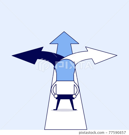 Businessman standing on three way arrows. Cartoon character thin line style vector. Businessman standing on three way arrows. Cartoon character thin line style vector. 77590857