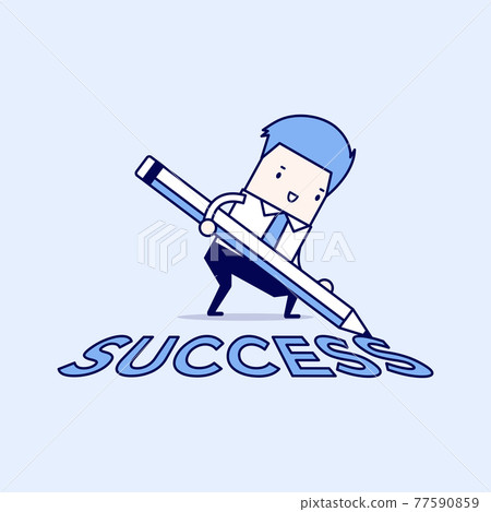 Businessman with pencil writing success text on the floor. Cartoon character thin line style vector. Businessman with pencil writing success text on the floor. Cartoon character thin line style vector. 77590859