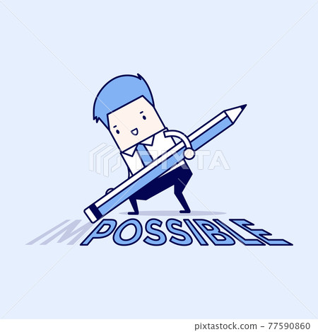 Businessman is deleting wording "im" from impossible with eraser on floor. Cartoon character thin line style vector. Businessman is deleting wording "im" from impossible with eraser on floor. Cartoon character thin line style vector. 77590860