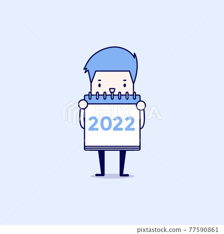 Businessman hold a calendar 2022 on his hand. Cartoon character thin line style vector. Businessman hold a calendar 2022 on his hand. Cartoon character thin line style vector. 77590861