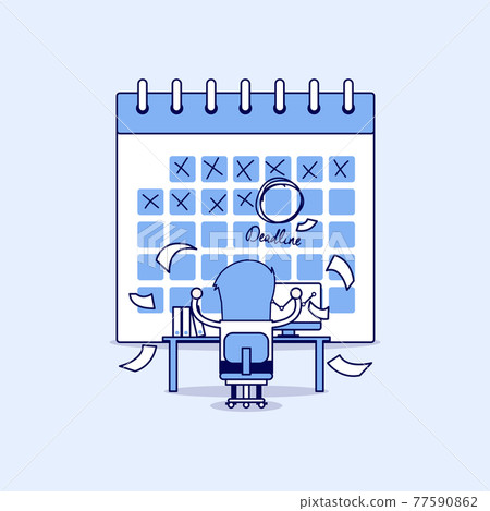 Businessman in hard work with calendar mark deadline. A lot of work. Stress at work. Cartoon character thin line style vector. Businessman in hard work with calendar mark deadline. A lot of work. Stress at work. Cartoon character thin line style vector. 77590862