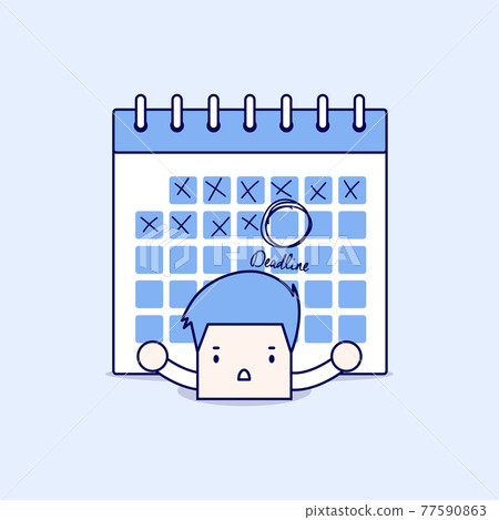 Businessman with calendar over his back. Hard work and Deadline concept. Cartoon character thin line style vector. Businessman with calendar over his back. Hard work and Deadline concept. Cartoon character thin line style vector. 77590863