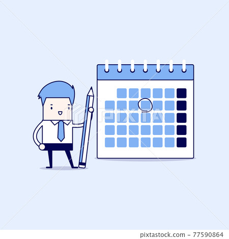 Businessman planning on calendar with pencil. Cartoon character thin line style vector. Businessman planning on calendar with pencil. Cartoon character thin line style vector. 77590864