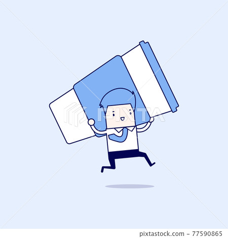 Businessman running with big cup of coffee. Coffee break. Cartoon character thin line style vector. 77590865