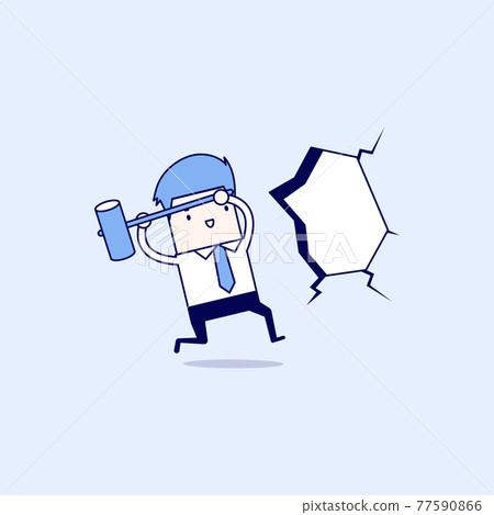 Businessman broke through the wall. Smash the wall. Cartoon character thin line style vector. Businessman broke through the wall. Smash the wall. Cartoon character thin line style vector. 77590866